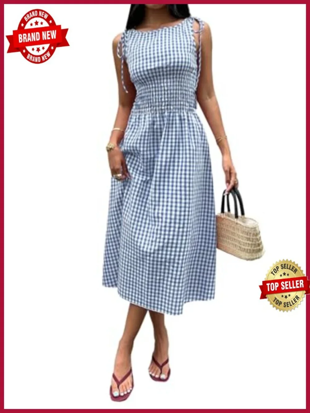 Womens Gingham Maxi Dress Smocked Waist A-Line Sleeveless Sun Dress Cotton Blend
